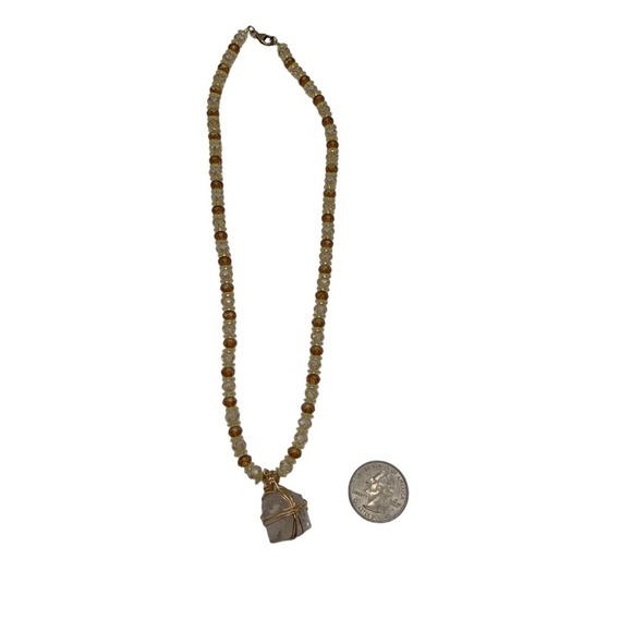 Beaded Brown & Gold Tone Necklace with Gemlike Crystal Pendant - Picture 2 of 10